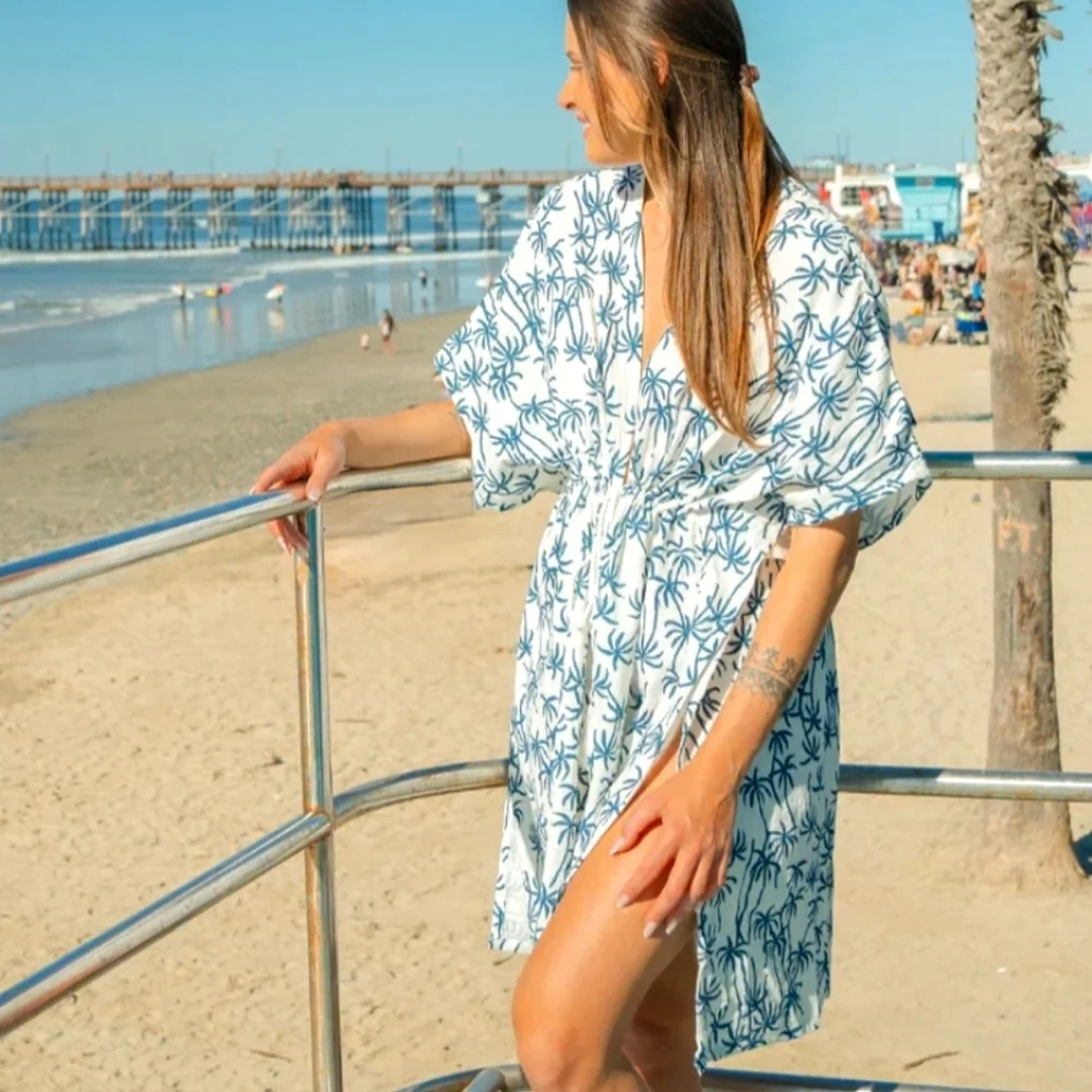 Splendid Tropic Veil Coverup Cream/Dark Teal Cotton Gauze Palms Print Tassel Tie